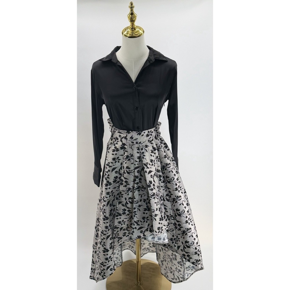 NY Collection Satin Black White Leaf Bow High Low Shirt Dress Petite Small PS